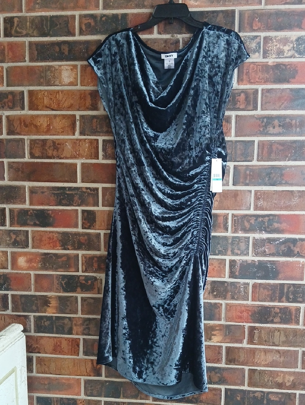 NWT DKNY Blue Velour Dress Sz 16 Shimmer Svelte Ruched Side Low Shoulder Midi